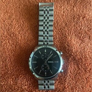 Fossil Black Dial Silver Band Watch